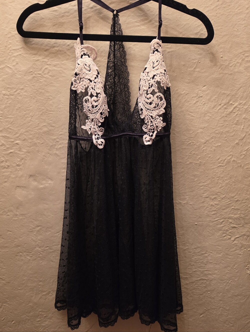 Black Sheer Lace Babydoll Chemise White Applique Strappy Lingerie